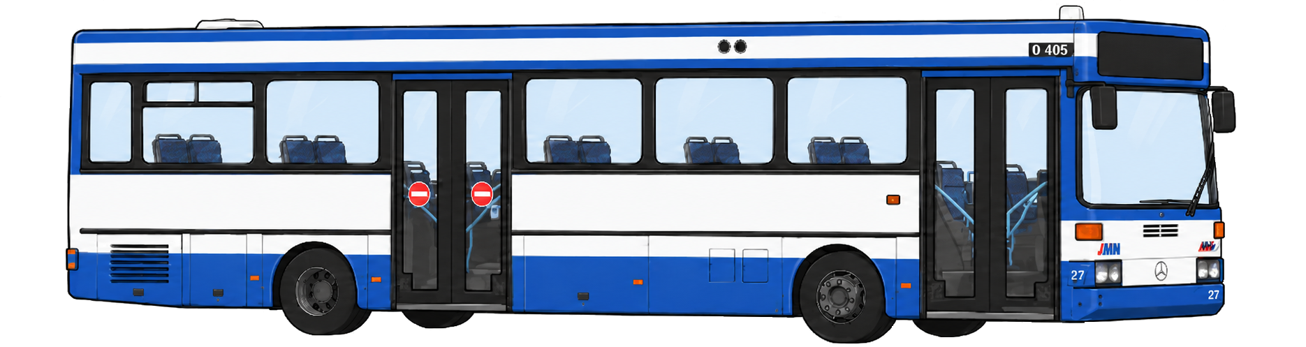 青と白のMercedes-Benz O 405路線バスの側面イラスト
